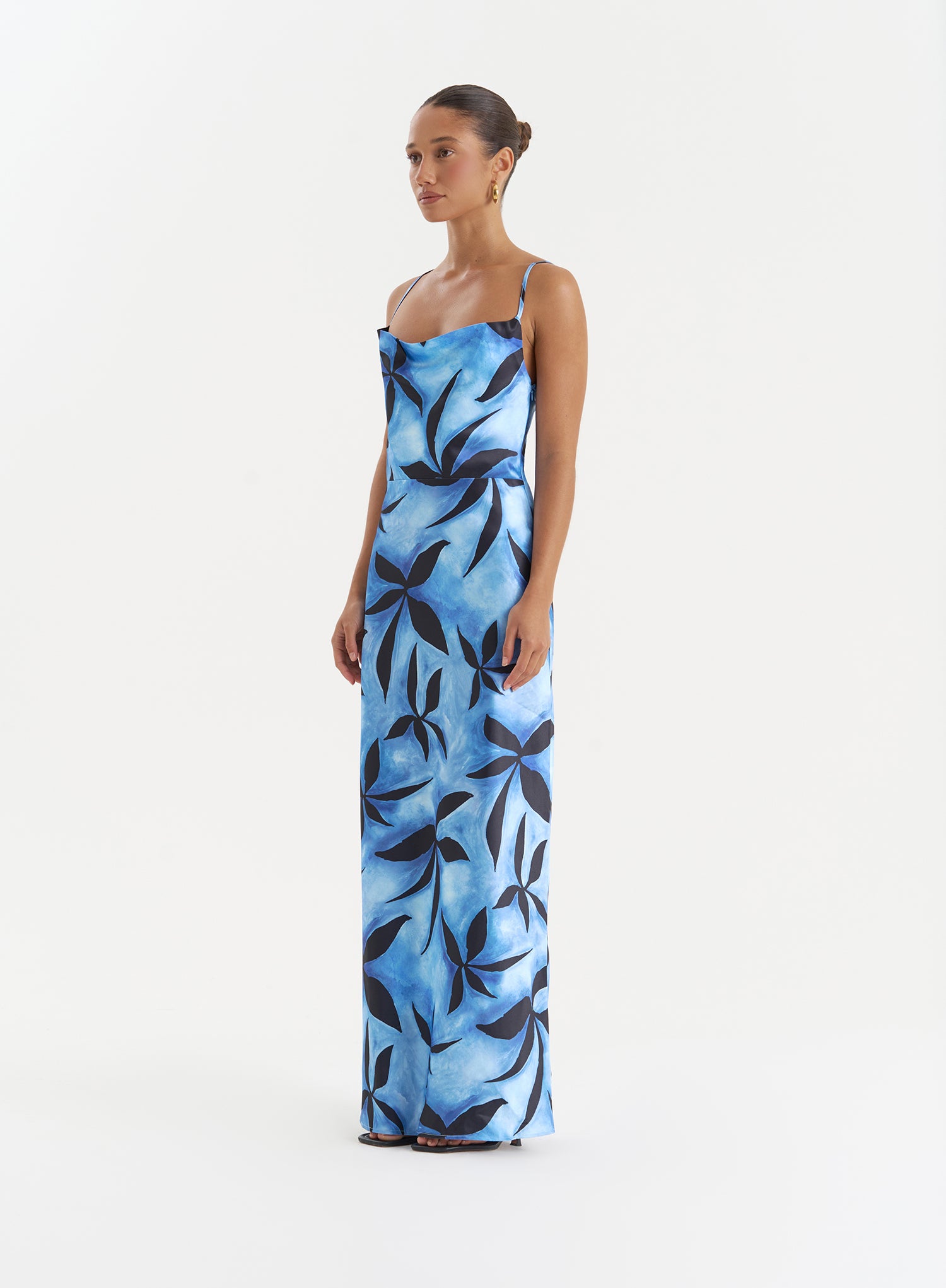 Blue Floral Print Satin Maxi Dress- Monique